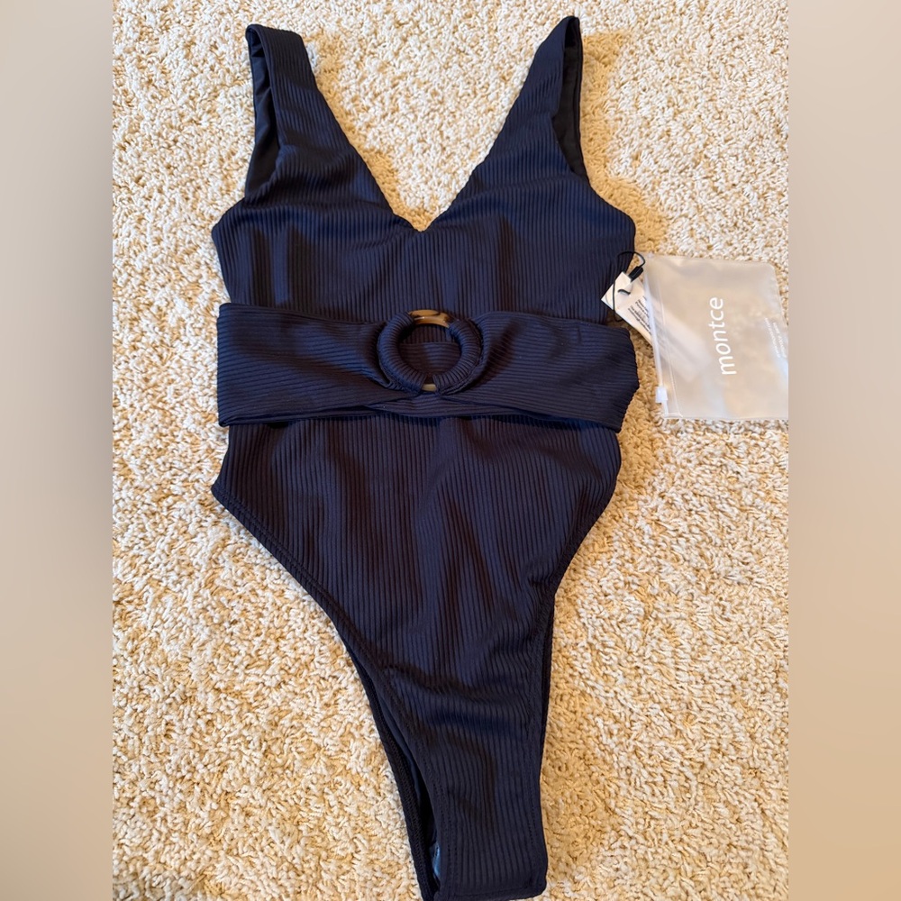 Montce Black Ribbed One-Piece Swimsuit with Waist Ring